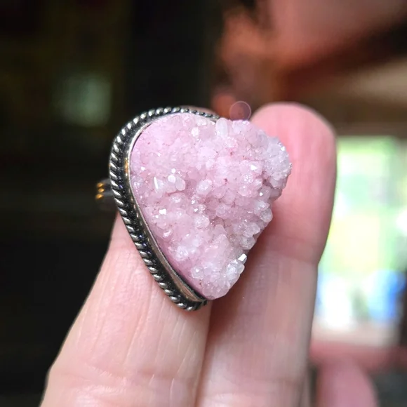 Vintage Style rose quartz Druzy sterling Ring sz8 - Picture 3 of 10